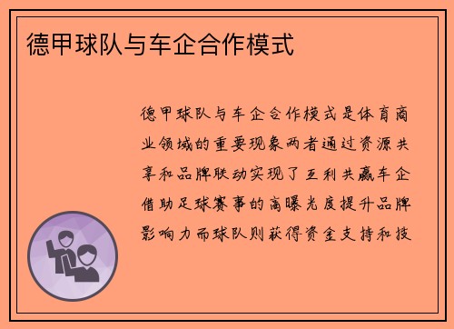 德甲球队与车企合作模式